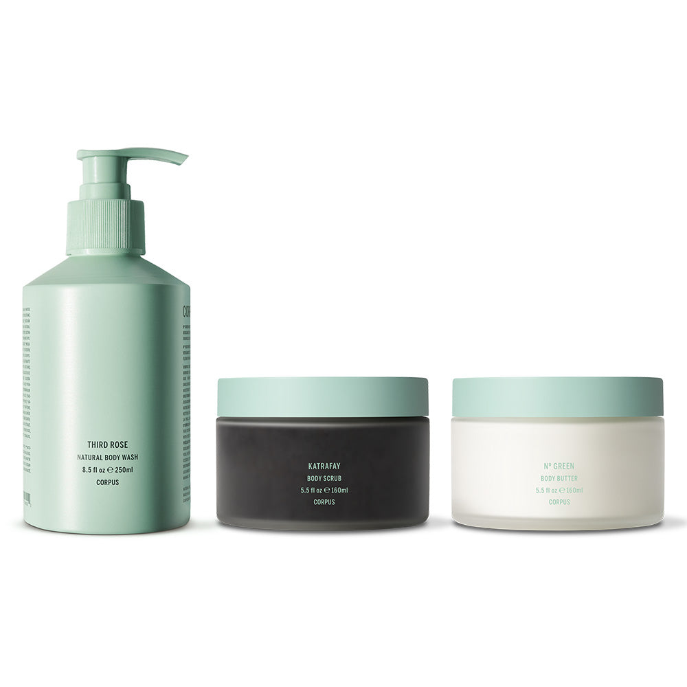Corpus Pampering Bundle - Third Rose Body Wash, Katrafay Body Scrub and Nº Green Body Butter